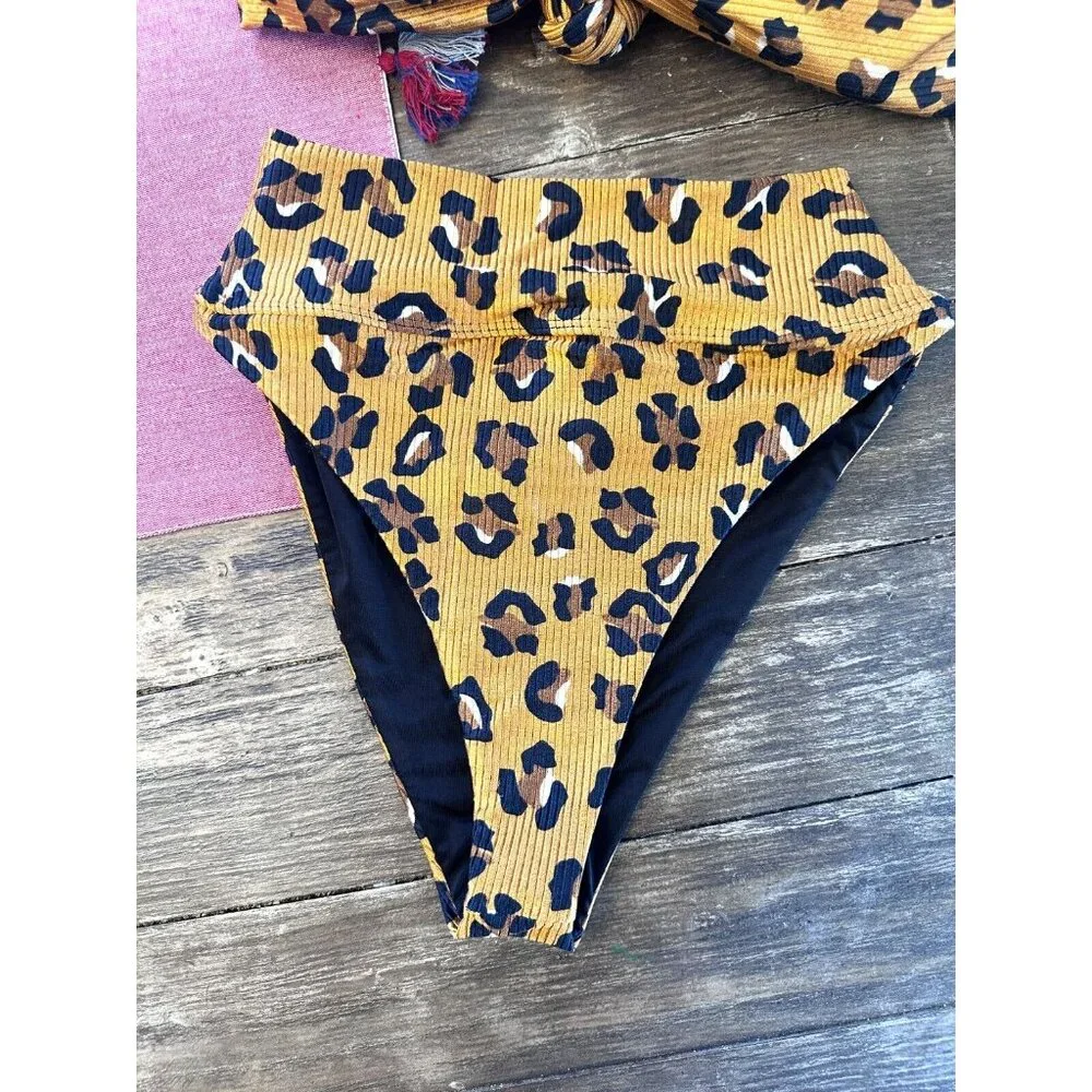 NEW BEACH RIOT Sofia Bikini SET Leopard Animal Print Gold Black Women's Size XS - Picture 3 of 9